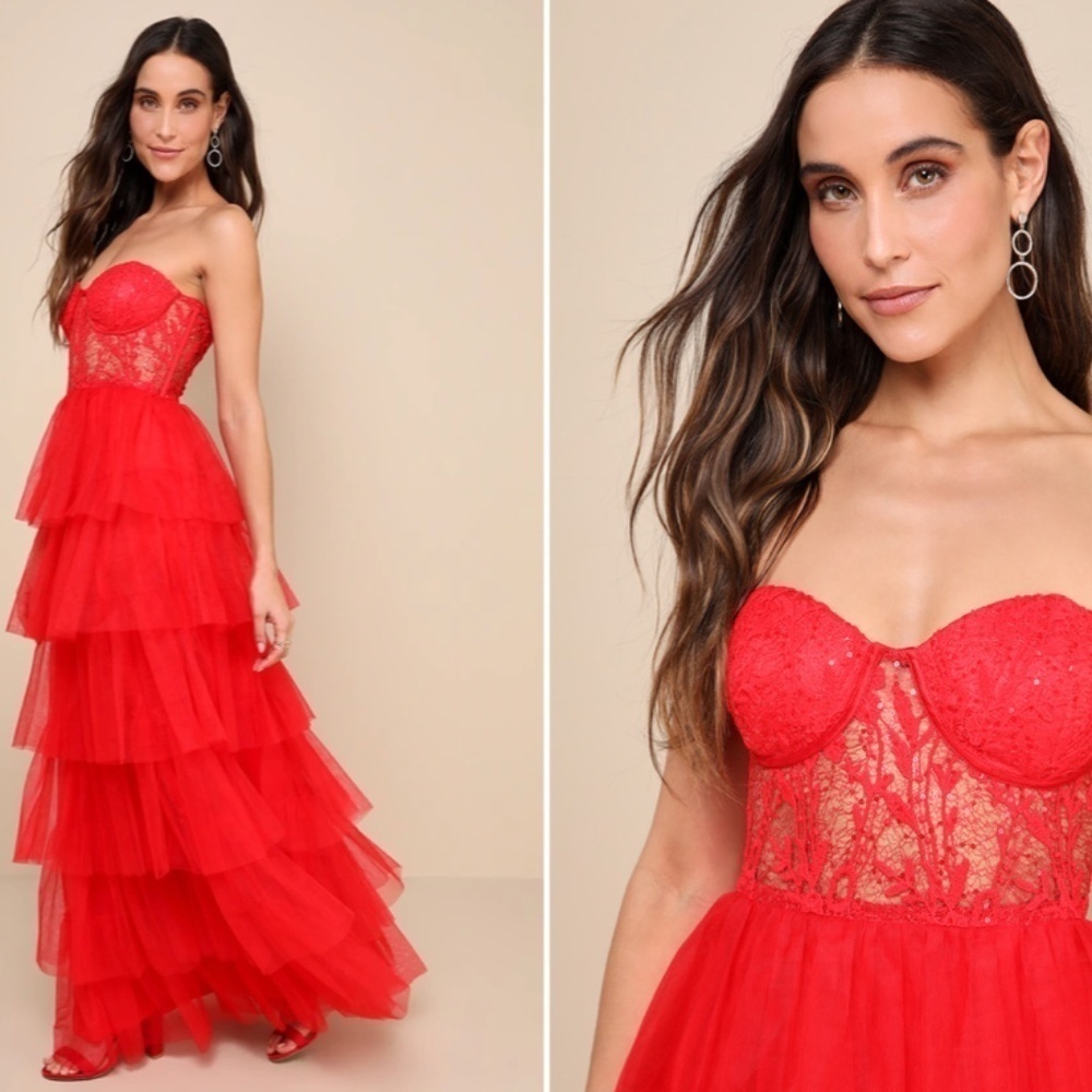 LULU's Elegant Prom Wedding Special Event Sexy Bustier Tiered Ruffle Maxi Dress - Picture 3 of 4
